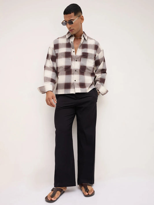 Brown & Grey Shadow Checks Boxy Fit Crop Utility Shirt