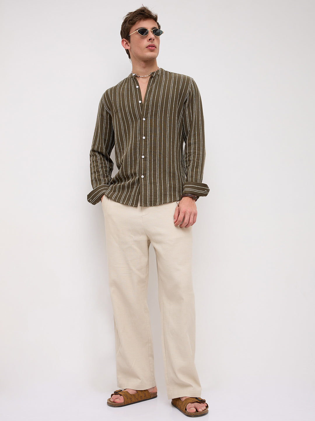 Olive & Ivory Striped Embroidered Mandarin Shirt