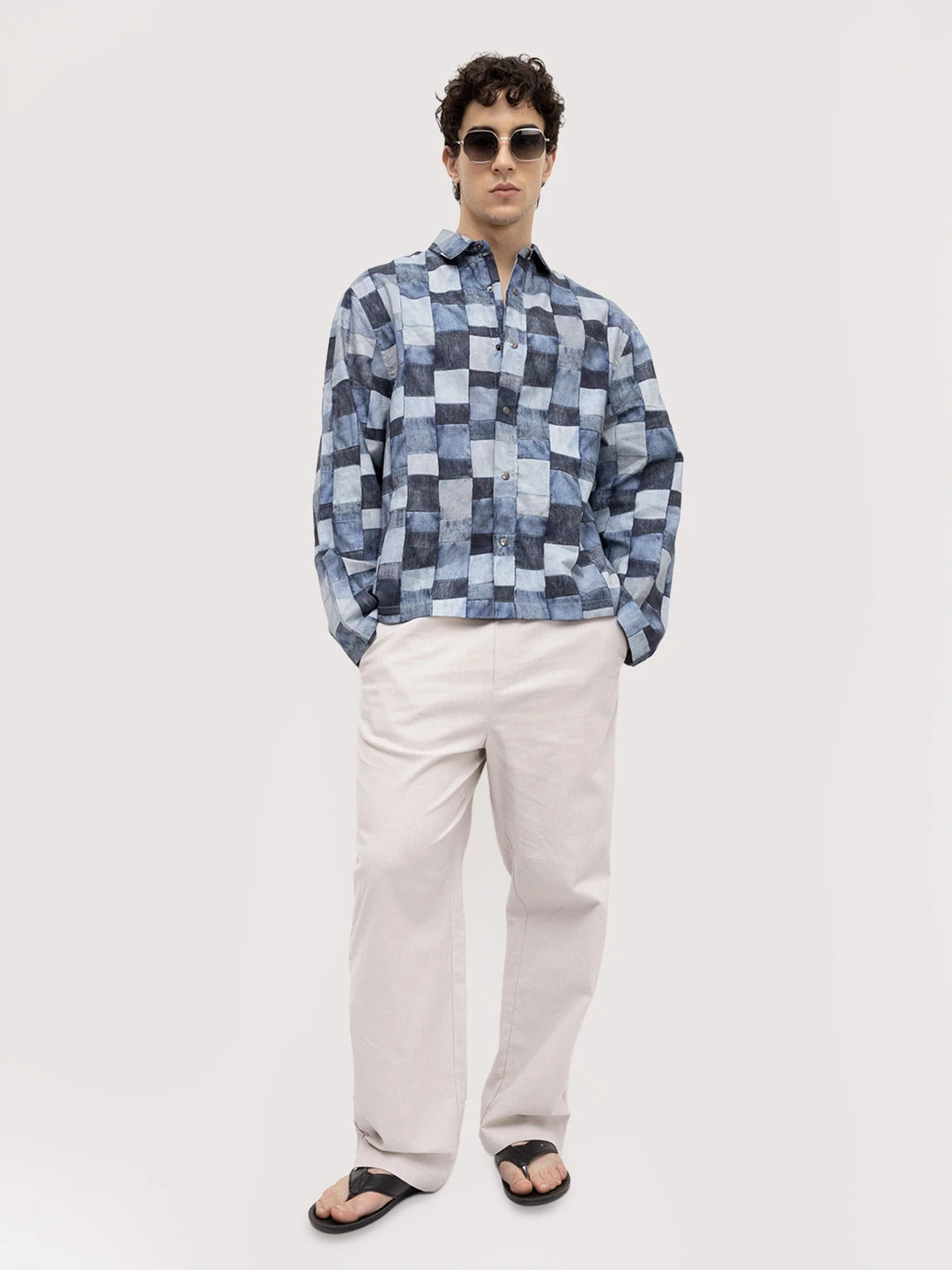 Ocean Blue Abstract Printed Cuffless Oversized Shirt
