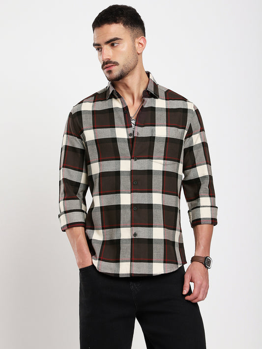 Premium Cotton Coffee Brown & White Plaid Checks Shirt