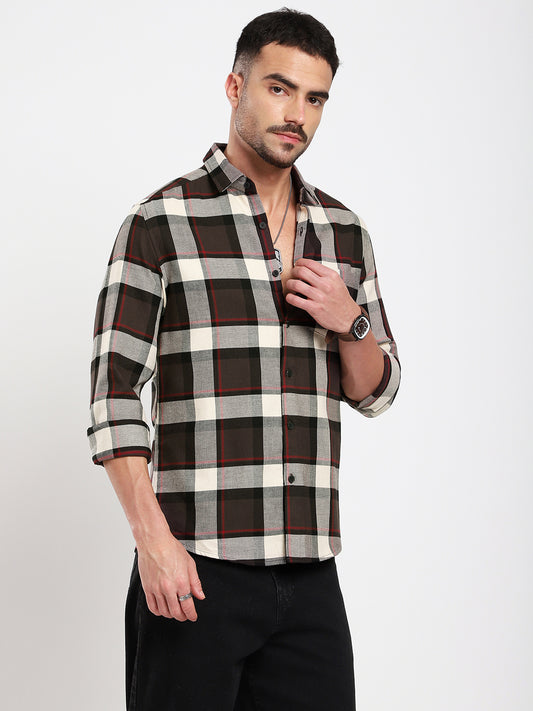 Premium Cotton Coffee Brown & White Plaid Checks Shirt