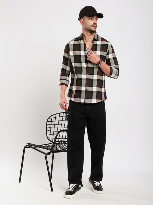 Premium Cotton Coffee Brown & White Plaid Checks Shirt