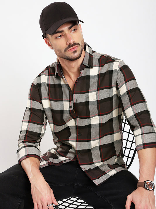 Premium Cotton Coffee Brown & White Plaid Checks Shirt