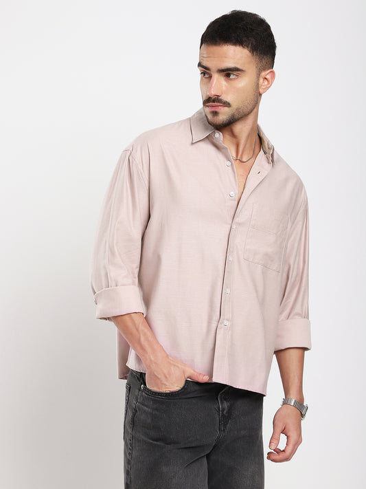 Dusty Pink Refined Slub Textured Boxy Fit Crop Shirt