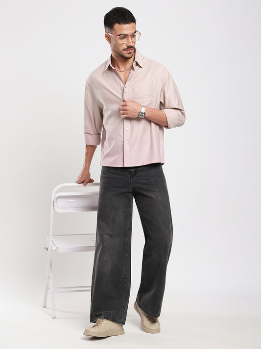 Dusty Pink Refined Slub Textured Boxy Fit Crop Shirt