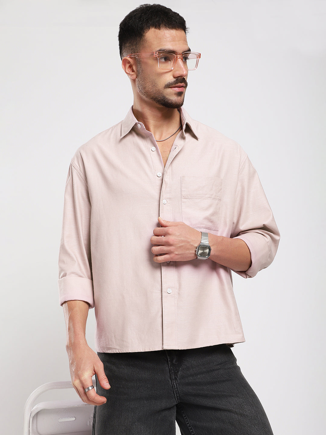 Dusty Pink Refined Slub Textured Boxy Fit Crop Shirt