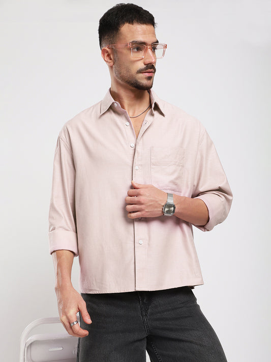 Dusty Pink Refined Slub Textured Boxy Fit Crop Shirt