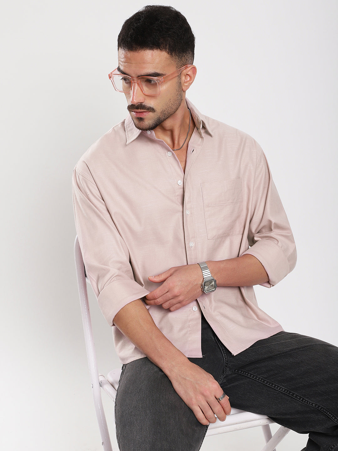 Dusty Pink Refined Slub Textured Boxy Fit Crop Shirt