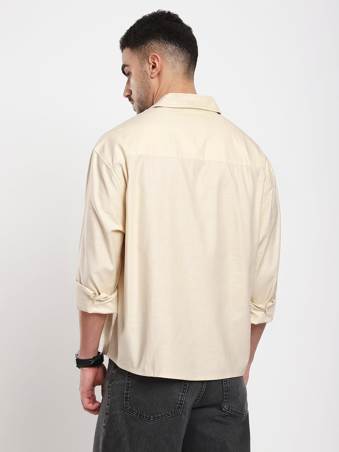 Sunwashed Cream Slub Textured Oversized Boxy Fit Crop Shirt