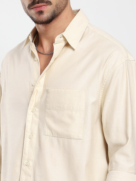 Sunwashed Cream Slub Textured Oversized Crop Shirt