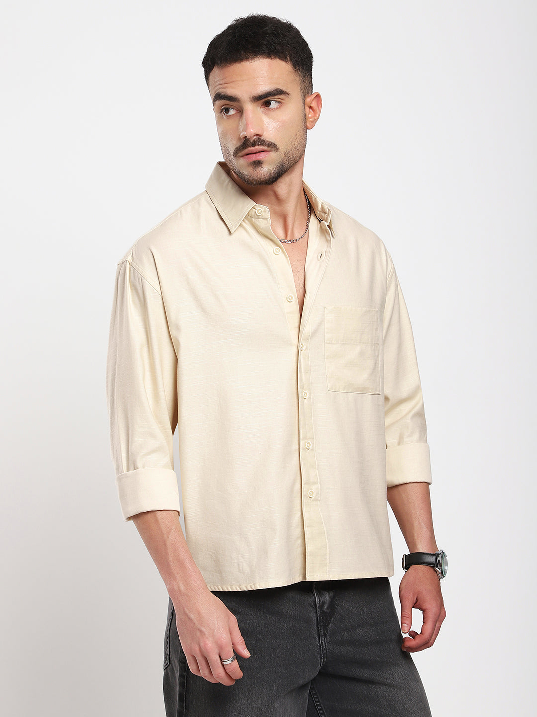 Sunwashed Cream Slub Textured Oversized Boxy Fit Crop Shirt