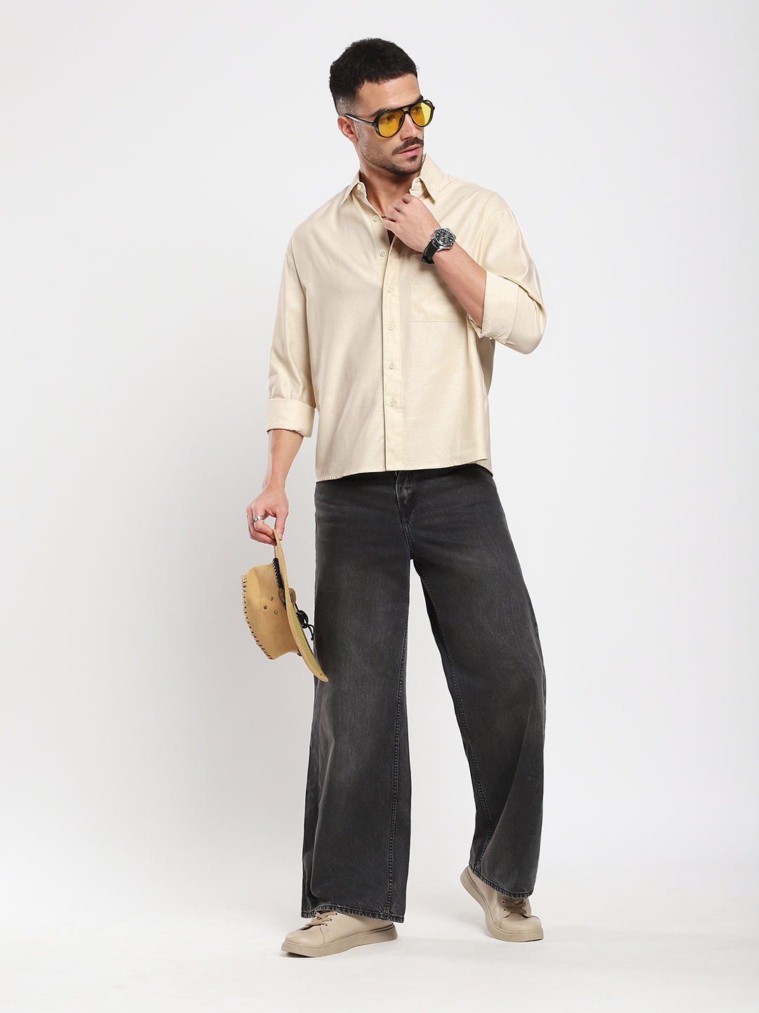 Sunwashed Cream Slub Textured Oversized Boxy Fit Crop Shirt