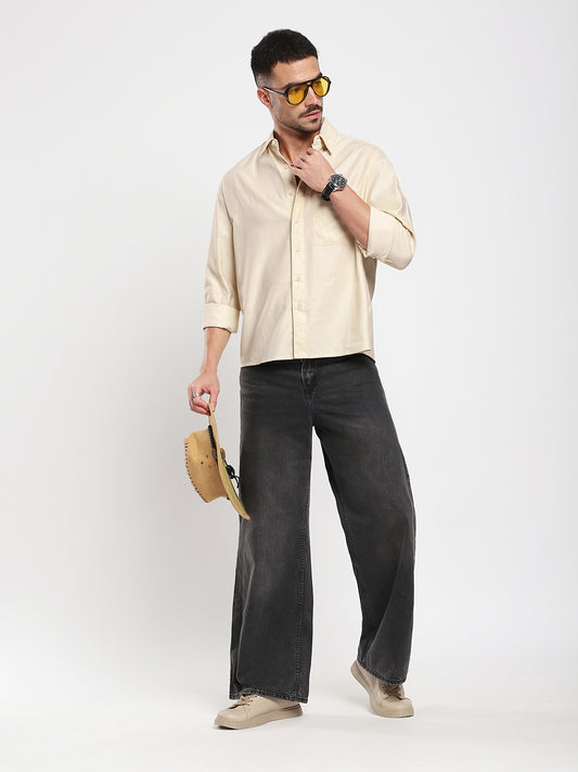 Sunwashed Cream Slub Textured Oversized Crop Shirt