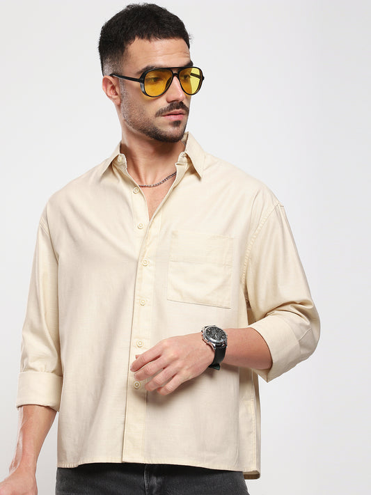 Sunwashed Cream Slub Textured Oversized Crop Shirt