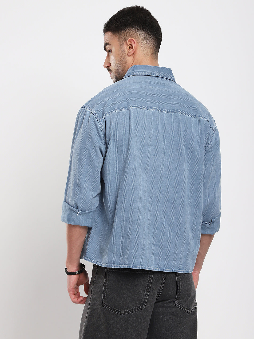 Azure Blue Denim Vertical Stripes Boxy Crop Shirt