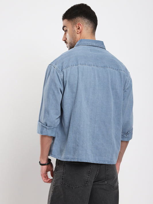 Azure Blue Denim Vertical Stripes Boxy Crop Shirt