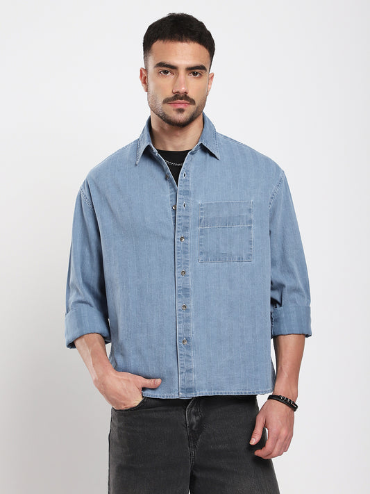 Azure Blue Denim Vertical Stripes Boxy Crop Shirt