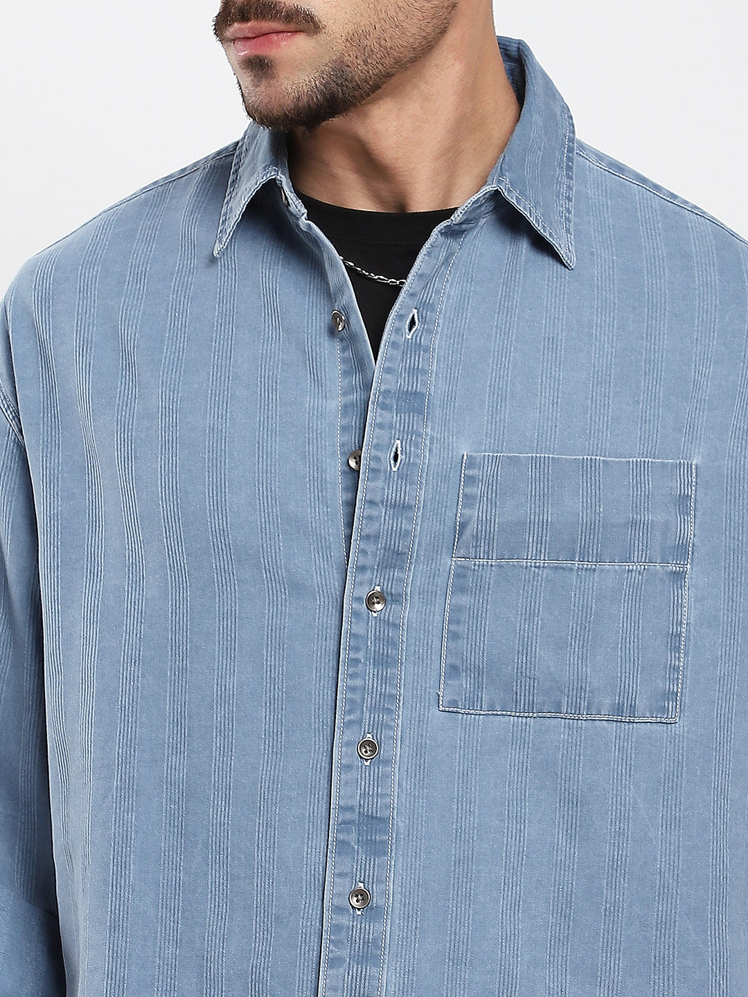 Azure Blue Denim Vertical Stripes Boxy Crop Shirt