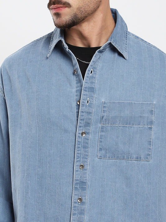 Azure Blue Denim Vertical Stripes Boxy Crop Shirt