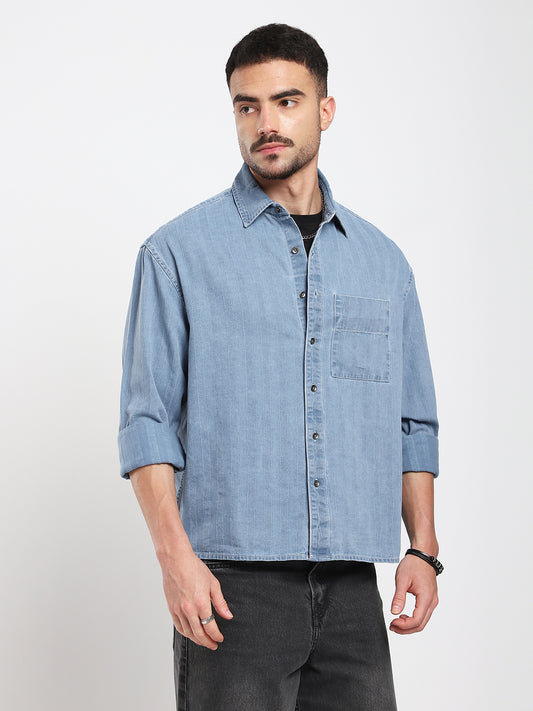 Azure Blue Denim Vertical Stripes Boxy Crop Shirt