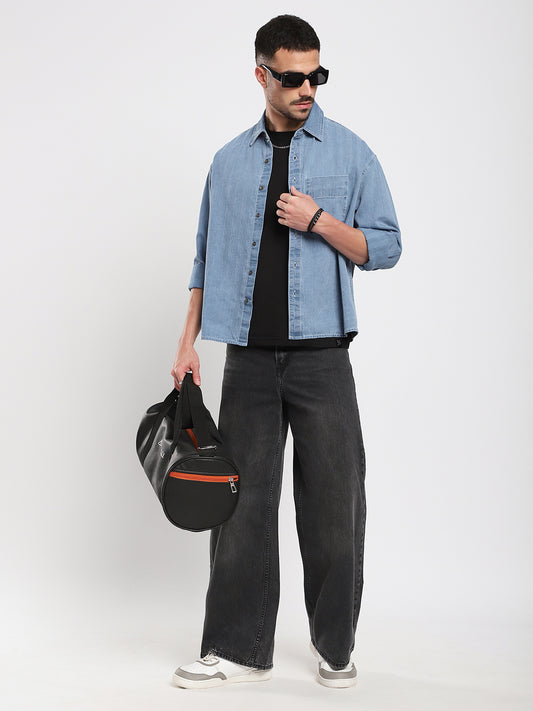 Azure Blue Denim Vertical Stripes Boxy Crop Shirt