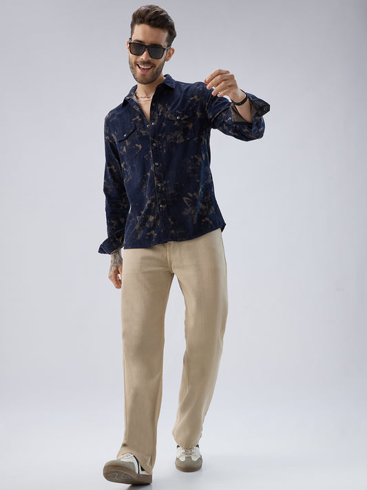 Navy Abstract Bloom Printed Flap Pocket Corduroy Shirt