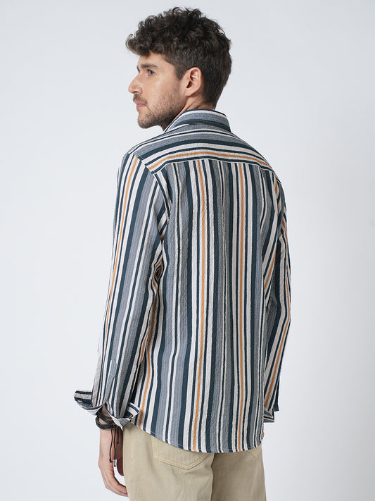 Teal Blue & Cream Crinkled Shirt