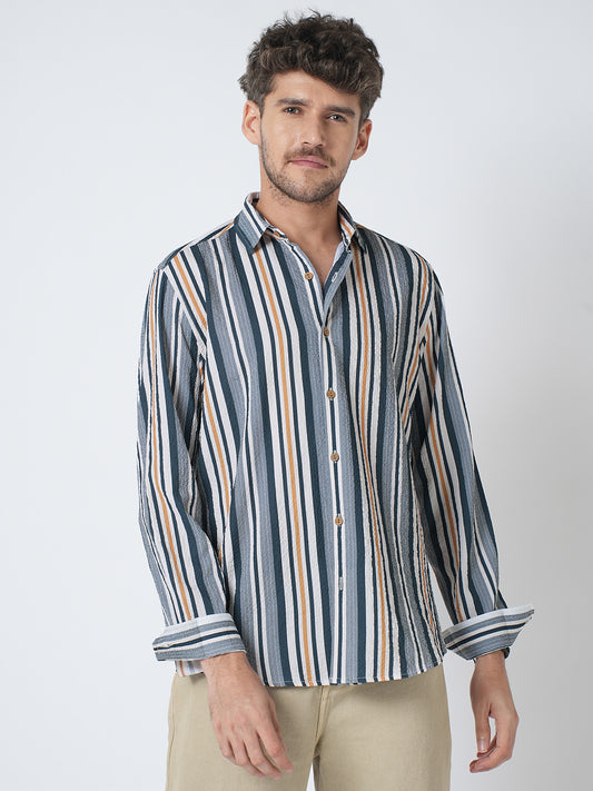 Teal Blue & Cream Crinkled Shirt