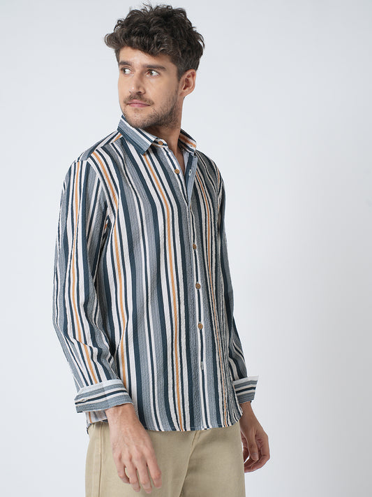 Teal Blue & Cream Crinkled Shirt