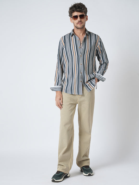 Teal Blue & Cream Crinkled Shirt