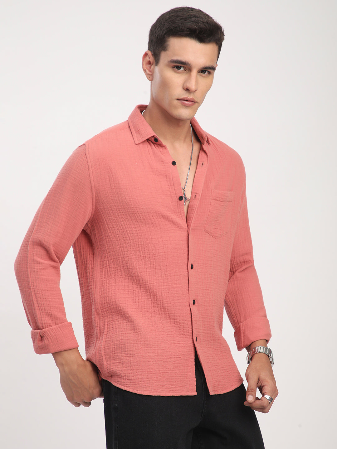 Coral Crinkled Double Cloth Shirt