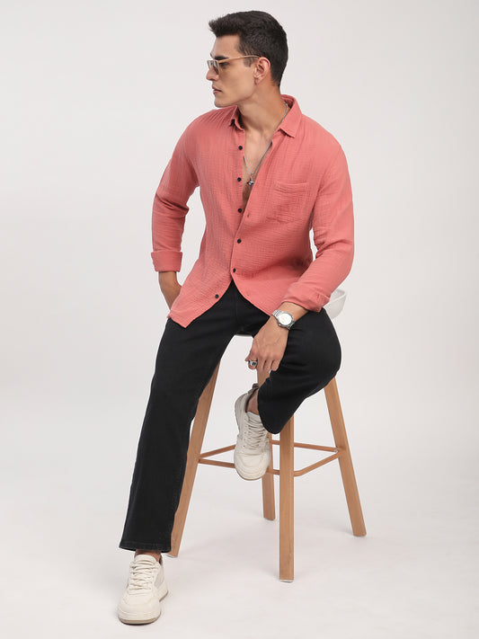 Coral Crinkled Double Cloth Shirt
