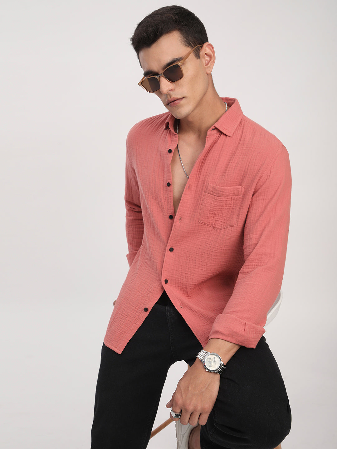 Coral Crinkled Double Cloth Shirt
