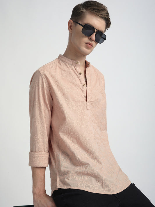 Pastel Peach Blossom Embroidery Kurta